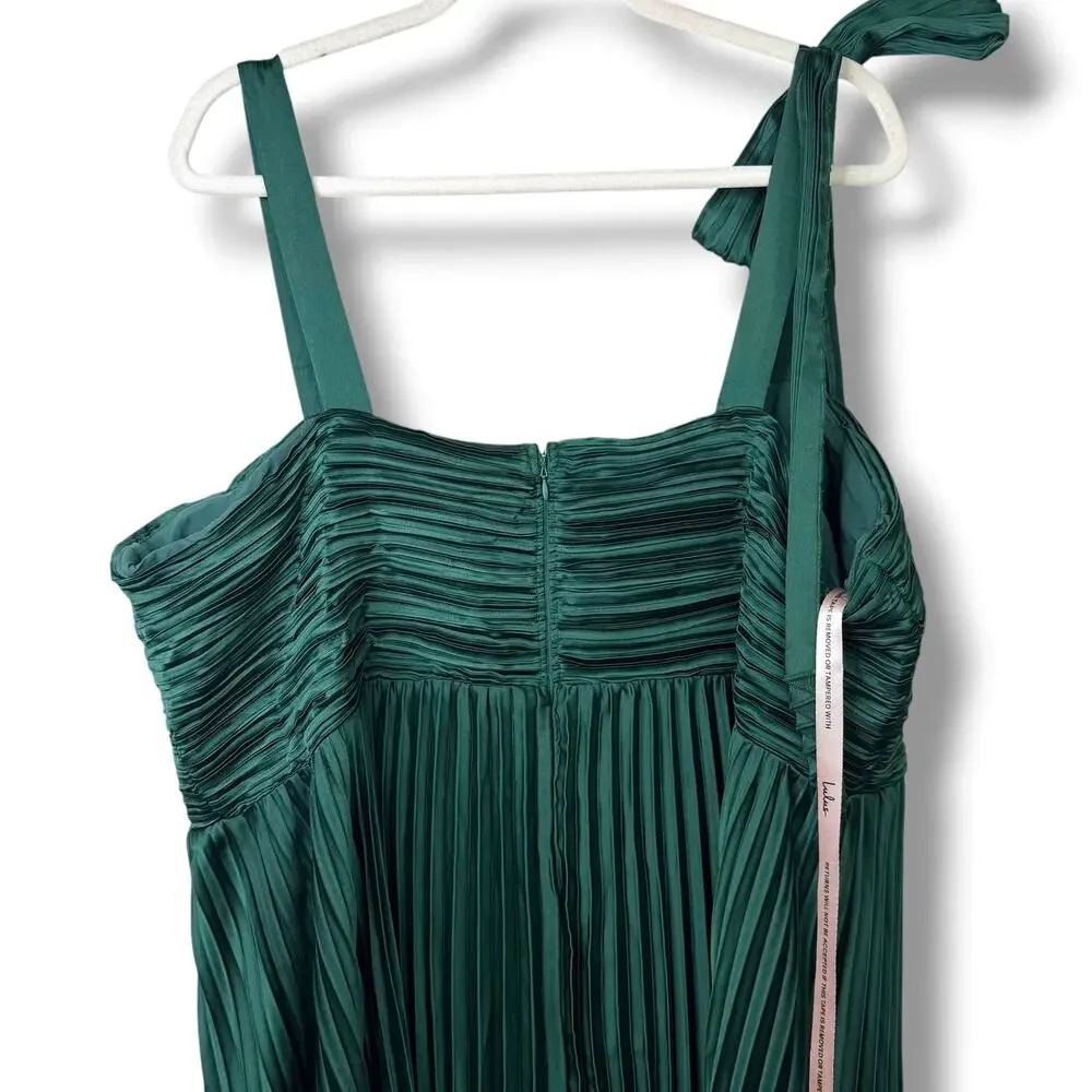 NEW Lulus Emerald Green Gorgeous Purpose Satin Pleated Sleeveless Bow Maxi Dress - Picture 13 of 16